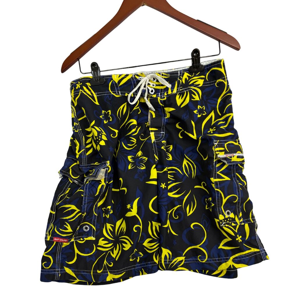 Rip Curl Mens Floral Board Shorts Black Yellow Blue Cargo Surf Swim Trunks 30